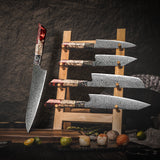 Pristine Japanese Chef Knife Set with VG-10 Damascus Steel Exotic Stabilized Olive Wood Handle & Sheath